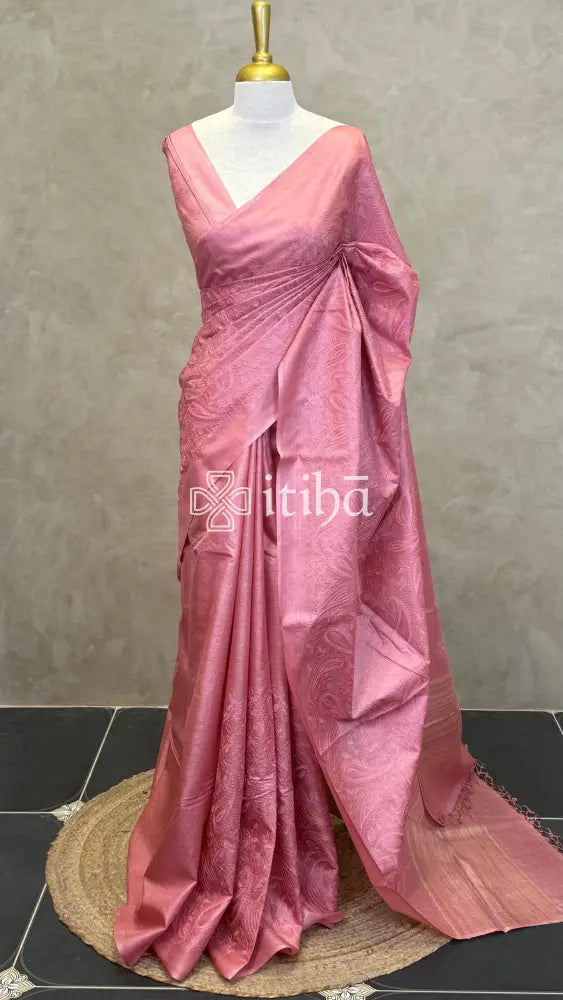 LINEN TUSSAR SILK EMBROIDERY SAREE - PASTEL PINK