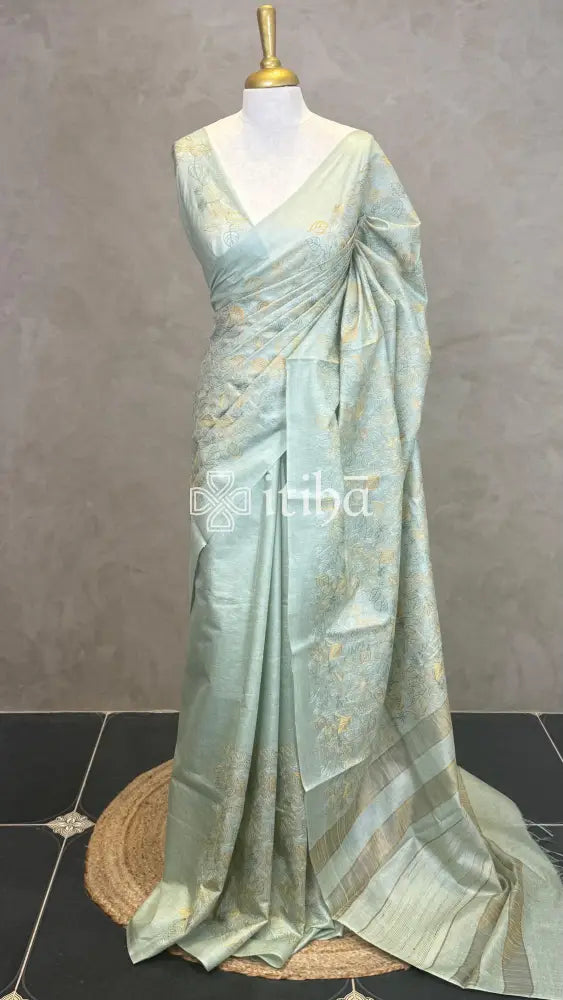 LINEN TUSSAR SILK EMBROIDERY SAREE - PASTEL SAGE GREEN