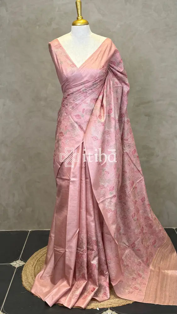 LINEN TUSSAR SILK EMBROIDERY SAREE - PEACH