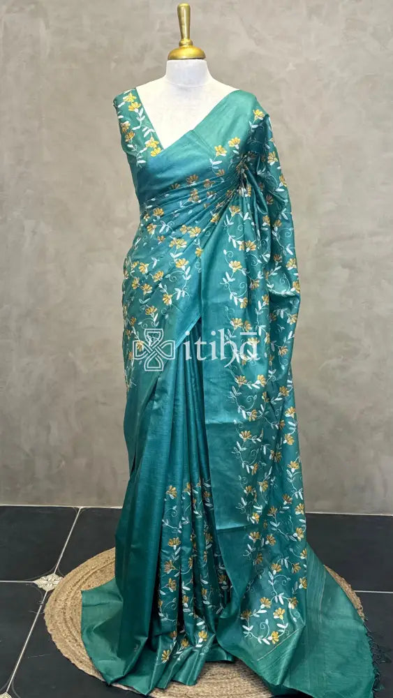 LINEN TUSSAR SILK EMBROIDERY SAREE - PEACOCK GREEN