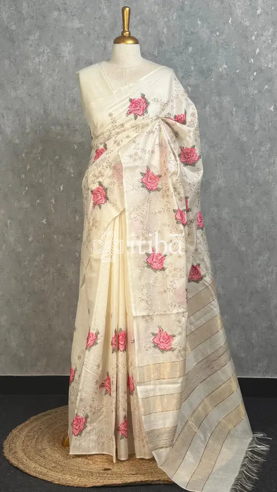 LINEN TUSSAR SILK EMBROIDERY SAREE - Pink