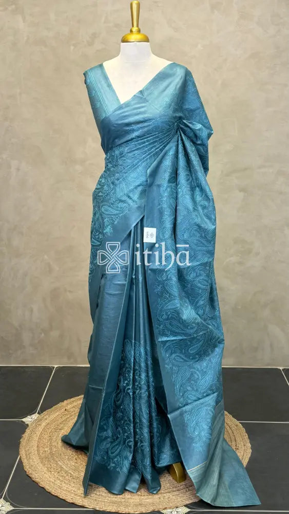 LINEN TUSSAR SILK EMBROIDERY SAREE - teal blue