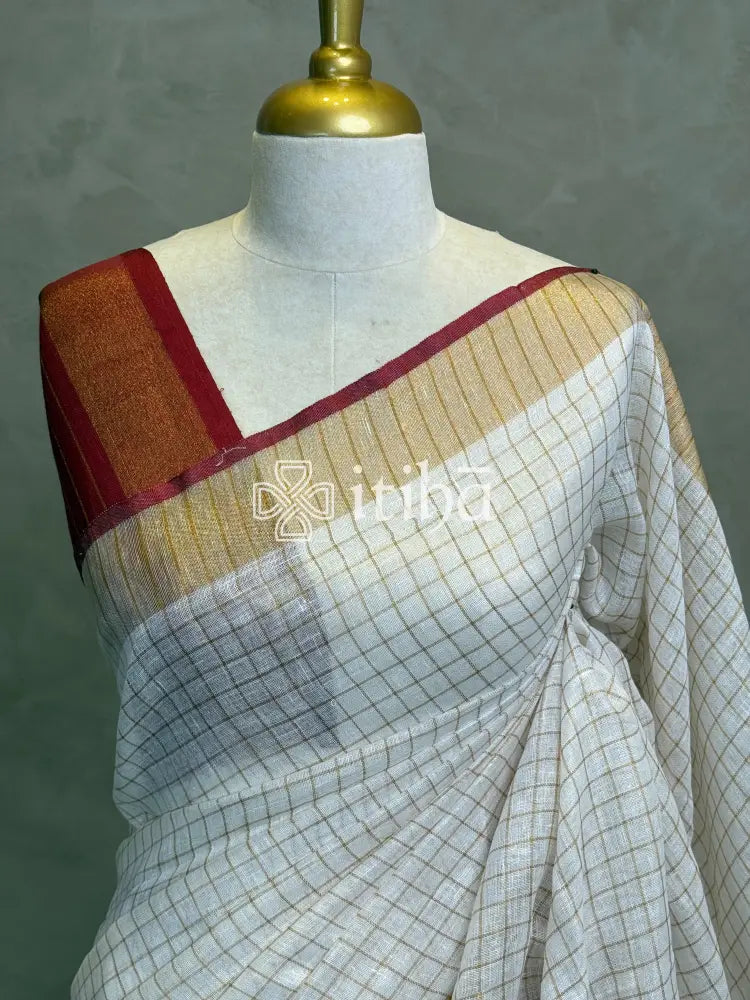 LINEN ZARI CHECKS RED BORDER ONAM SAREE