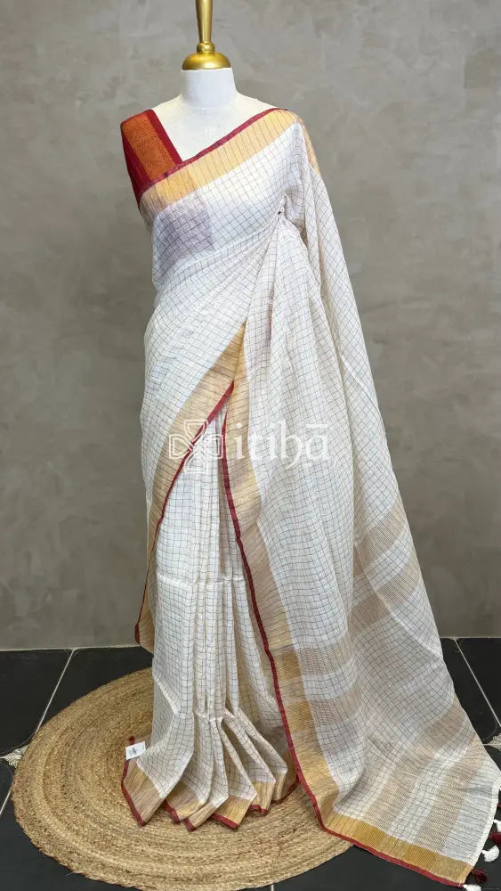 LINEN ZARI CHECKS RED BORDER ONAM SAREE