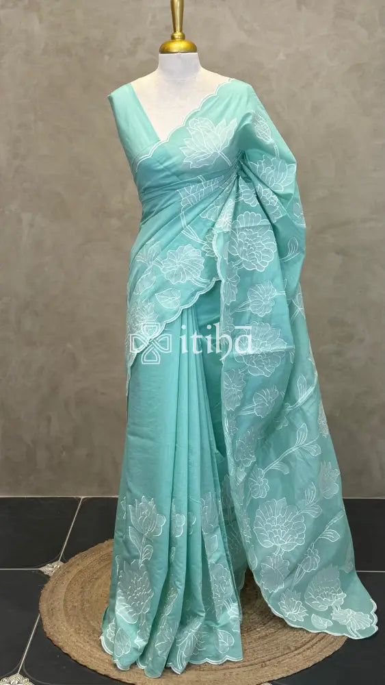 MUL CHANDERI EMBROIDERY SAREE - AQUA GREEN