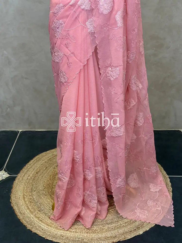 ORGANZA APPLIQUE EMBROIDERY SAREE - PEACH