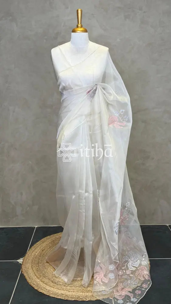 ORGANZA APPLIQUE EMBROIDERY SAREE - CHAMPAGNE BEIGE