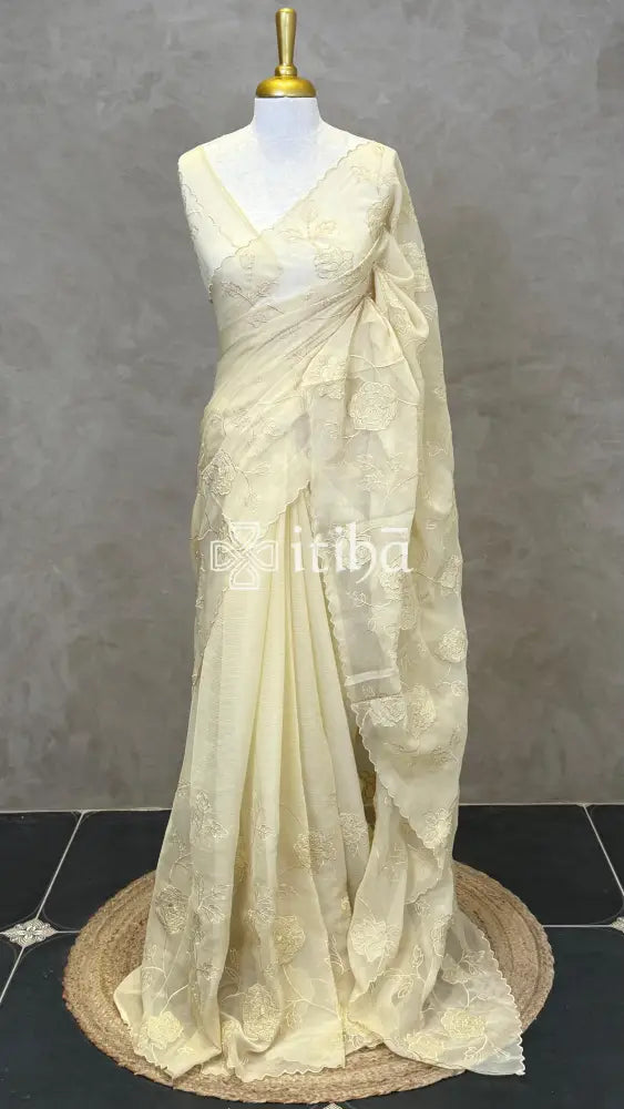 ORGANZA APPLIQUE EMBROIDERY SAREE - CREAM