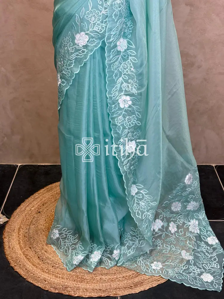ORGANZA APPLIQUE EMBROIDERY SAREE - LIGHT BLUE