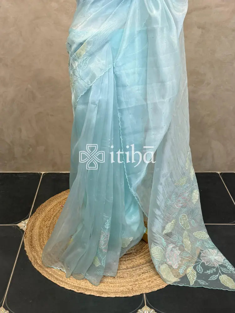 ORGANZA APPLIQUE EMBROIDERY SAREE - LIGHT BLUE