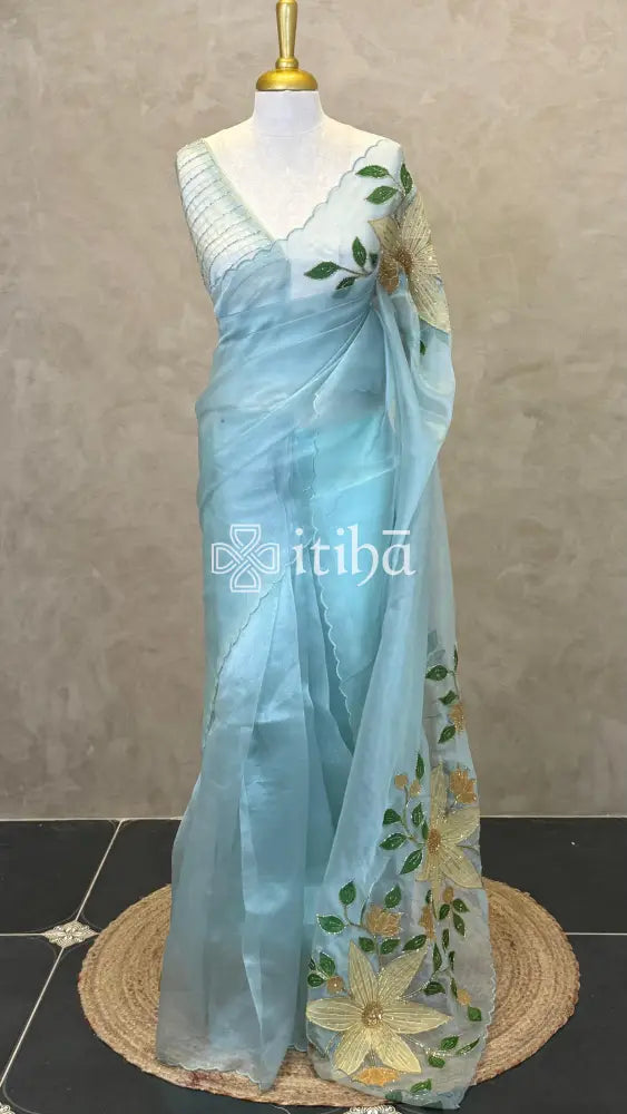 ORGANZA APPLIQUE EMBROIDERY SAREE - LIGHT BLUE