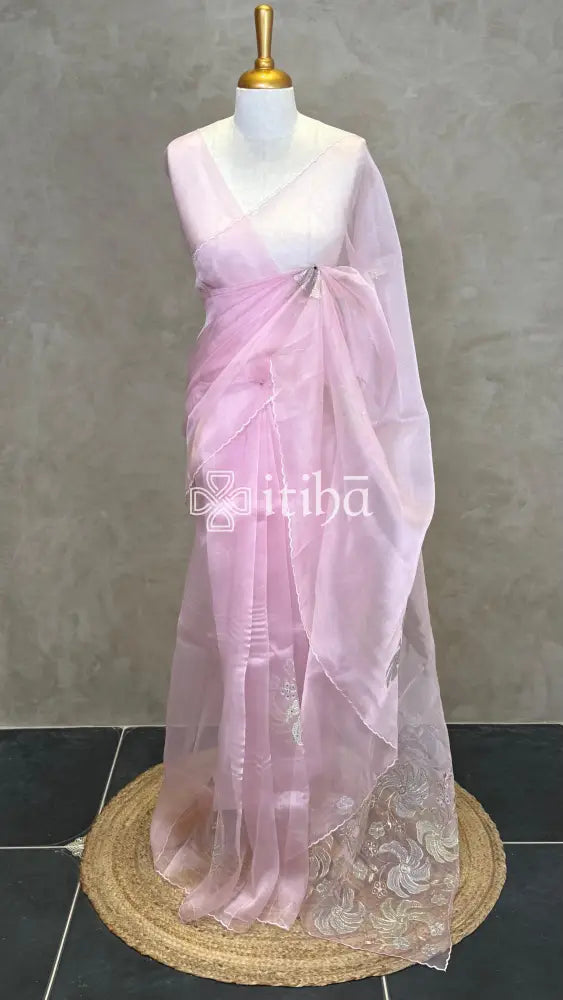 ORGANZA APPLIQUE EMBROIDERY SAREE - LIGHT PINK