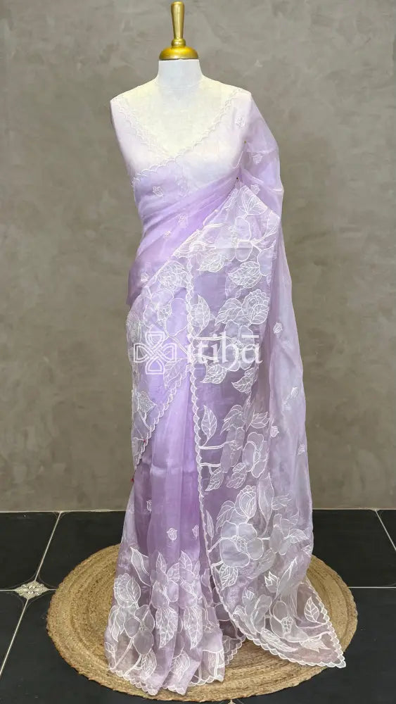 ORGANZA APPLIQUE EMBROIDERY SAREE - LILAC