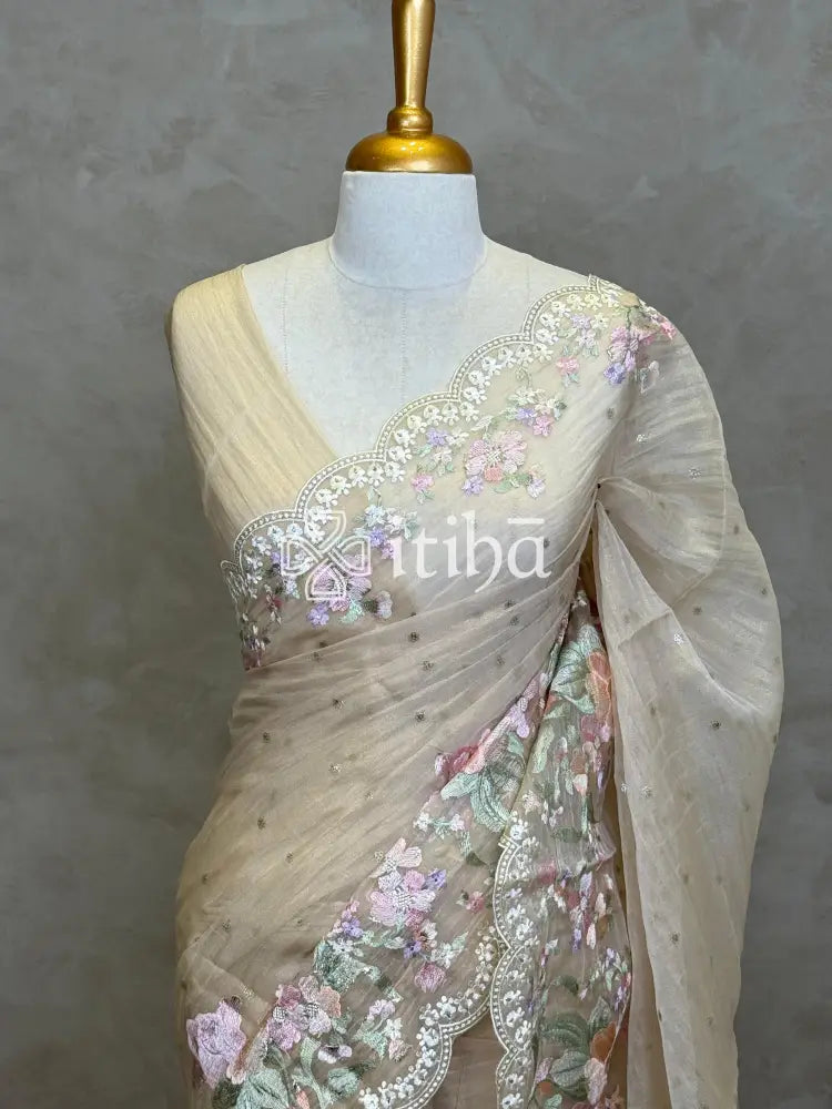 ORGANZA APPLIQUE EMBROIDERY SAREE - MUTED BEIGE