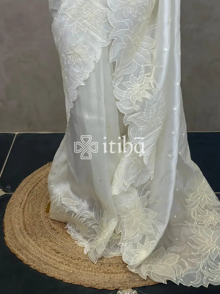 ORGANZA APPLIQUE EMBROIDERY SAREE - OFF WHITE