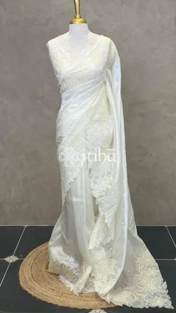 ORGANZA APPLIQUE EMBROIDERY SAREE - OFF WHITE