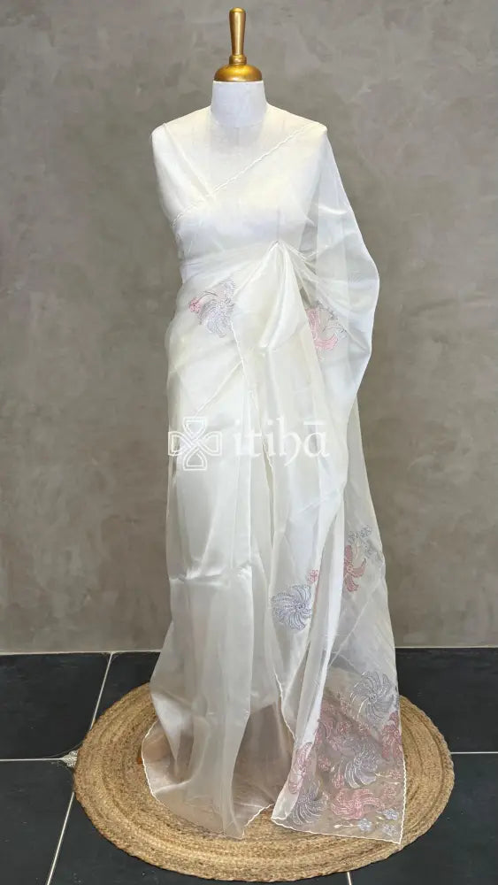 ORGANZA APPLIQUE EMBROIDERY SAREE - OFF WHITE