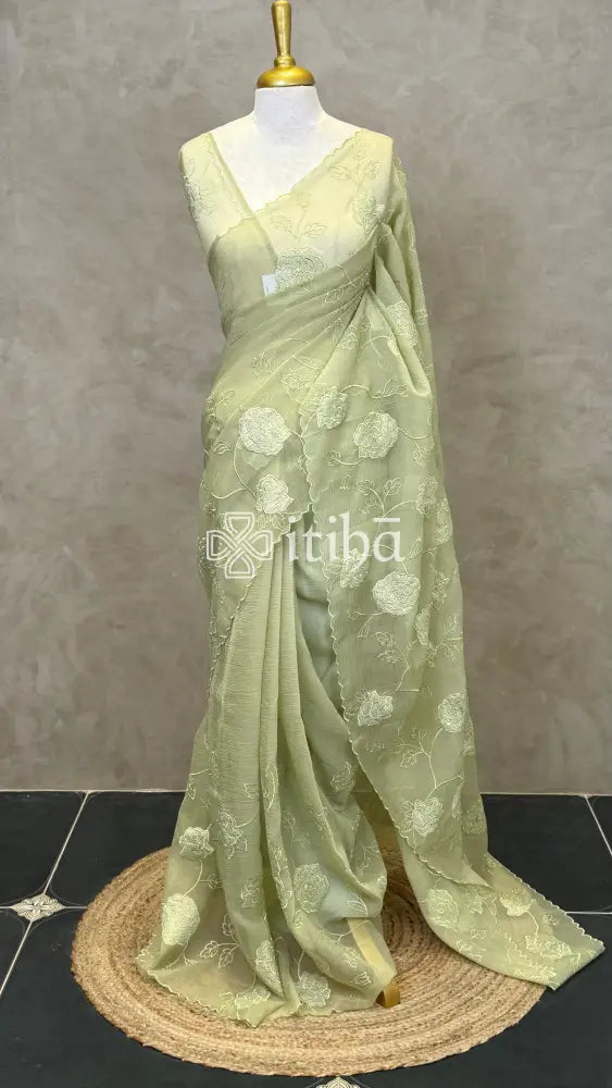 ORGANZA APPLIQUE EMBROIDERY SAREE - PASTEL GREEN