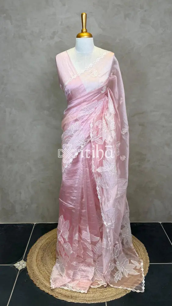 ORGANZA APPLIQUE EMBROIDERY SAREE - PASTEL PINK