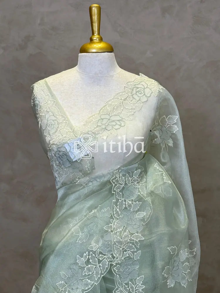 ORGANZA APPLIQUE EMBROIDERY SAREE - PASTEL PISTA GREEN