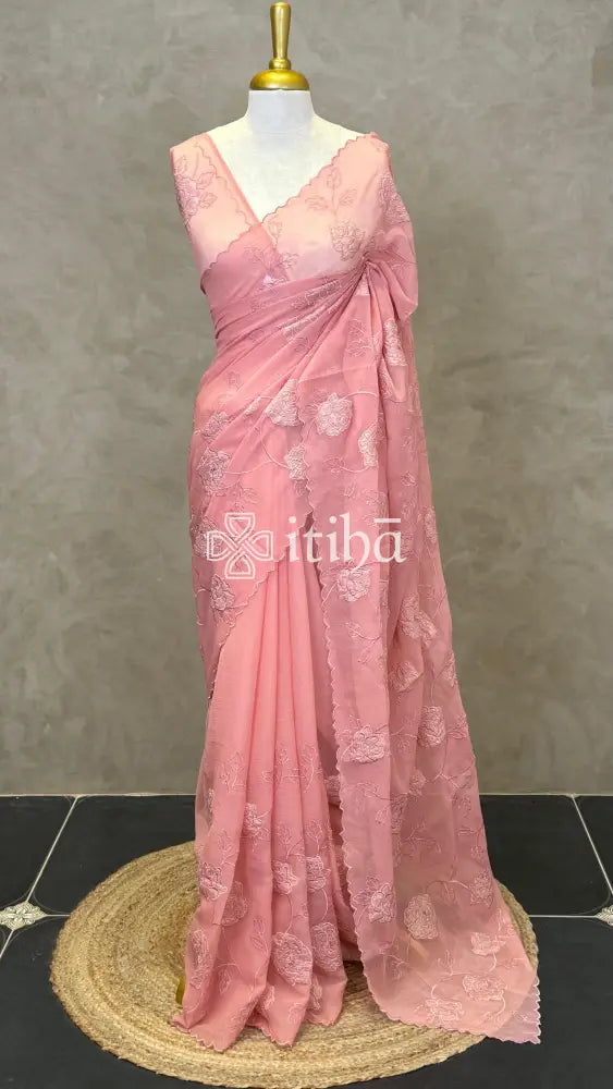 ORGANZA APPLIQUE EMBROIDERY SAREE - PEACH