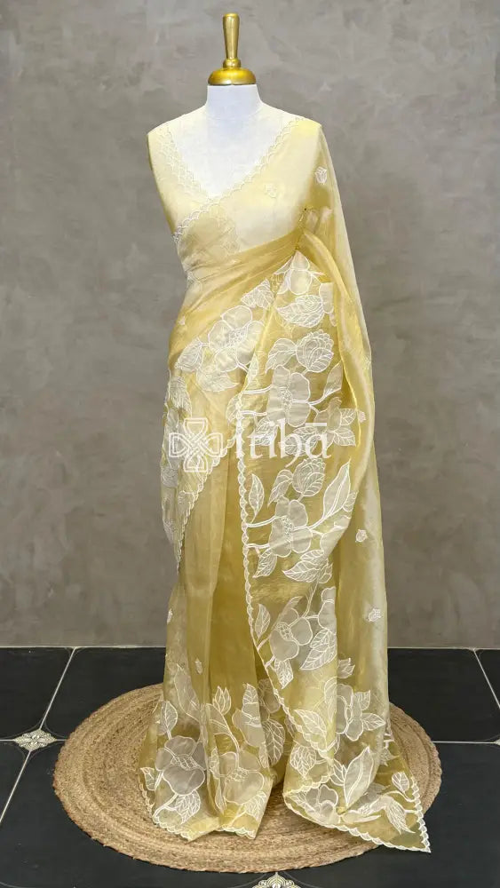 ORGANZA APPLIQUE EMBROIDERY SAREE - Yellow
