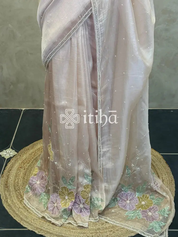 ORGANZA APPLIQUE HANDWORK EMBROIDERY SAREE