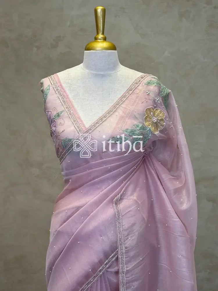 ORGANZA APPLIQUE HANDWORK EMBROIDERY SAREE
