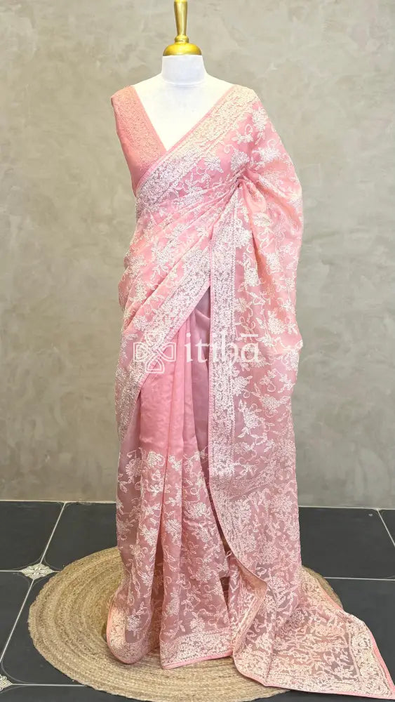 ORGANZA CHIKANKARI SAREE - PEACH