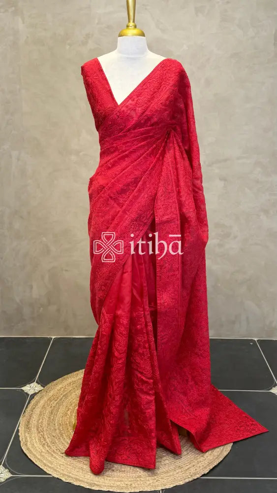 ORGANZA CHIKANKARI SAREE - Red