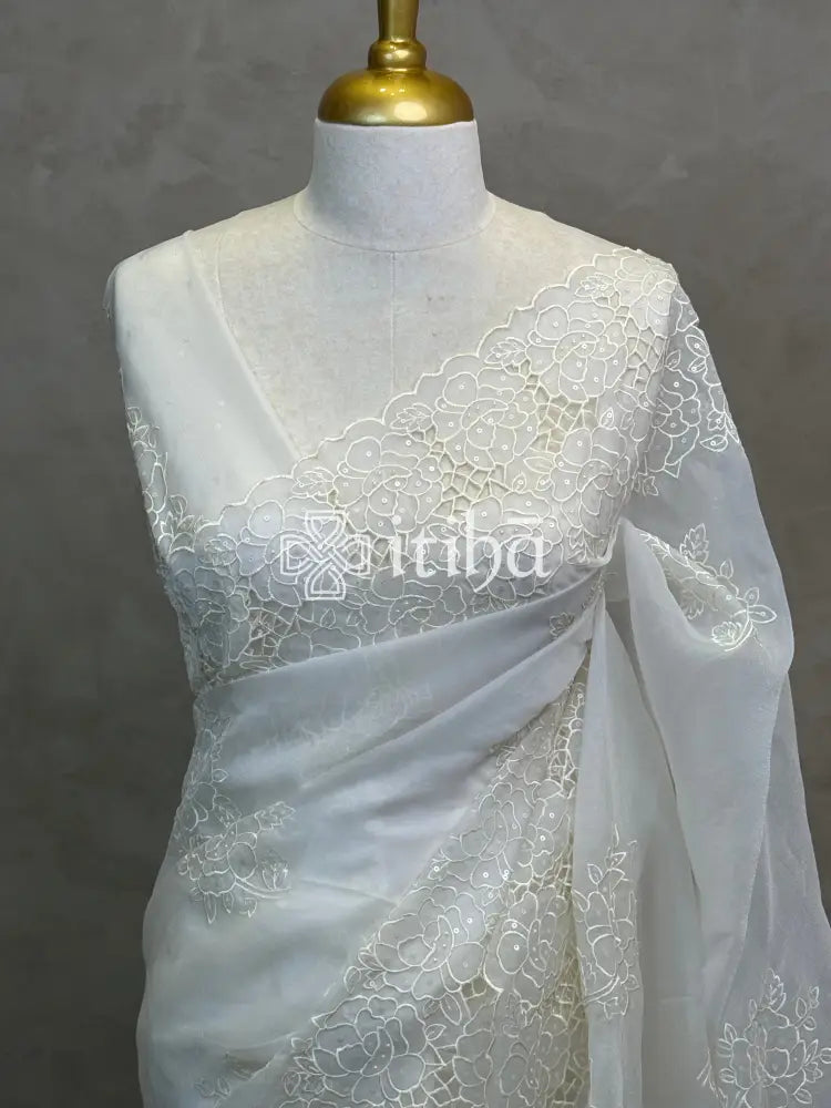 ORGANZA CUT WORK EMBROIDERY DESIGNER SAREE