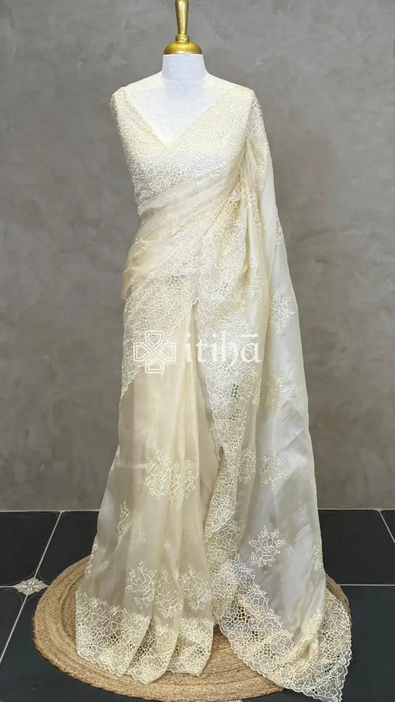 ORGANZA CUT WORK EMBROIDERY DESIGNER SAREE - LIGHT BEIGE