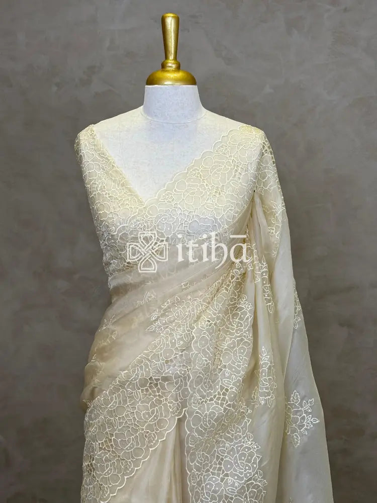 ORGANZA CUT WORK EMBROIDERY DESIGNER SAREE - LIGHT BEIGE