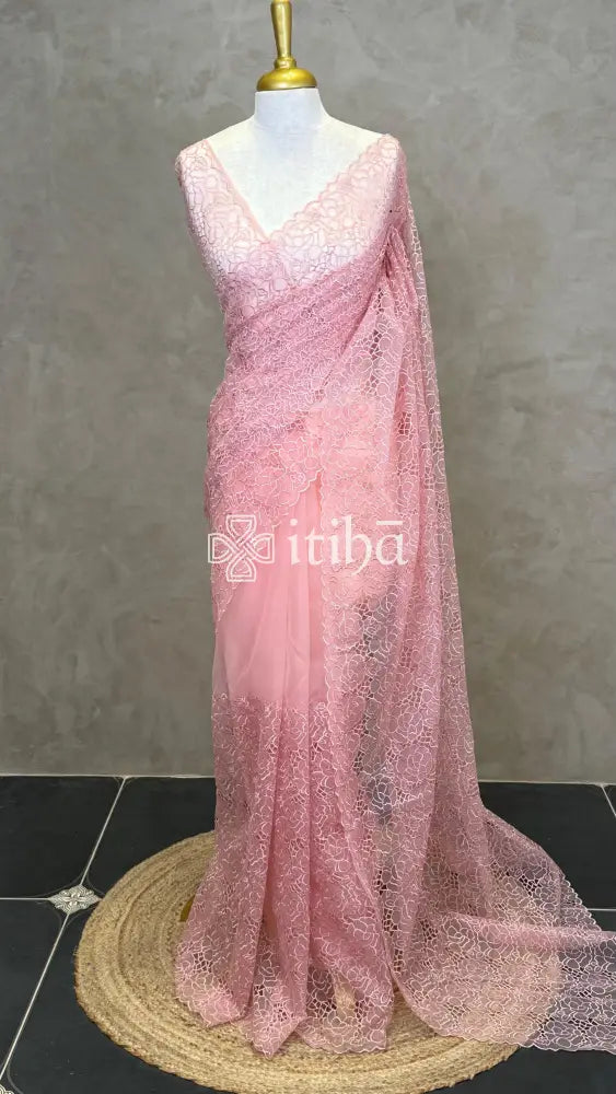 ORGANZA CUT WORK EMBROIDERY DESIGNER SAREE - LIGHT PINK