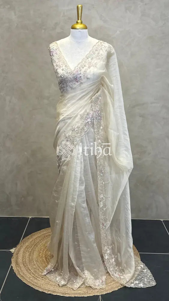ORGANZA EMBROIDERY DESIGNER SAREE - Beige