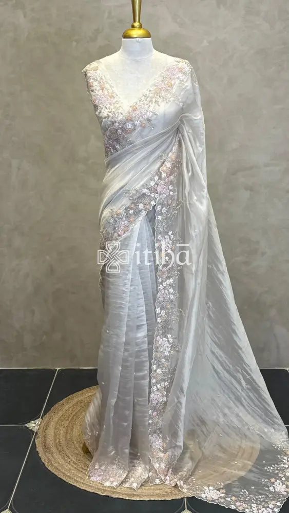 ORGANZA EMBROIDERY DESIGNER SAREE - CHAMPAGNE BEIGE