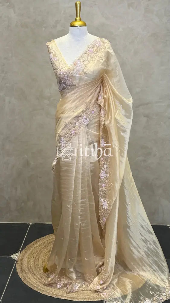 ORGANZA EMBROIDERY DESIGNER SAREE - GOLDEN