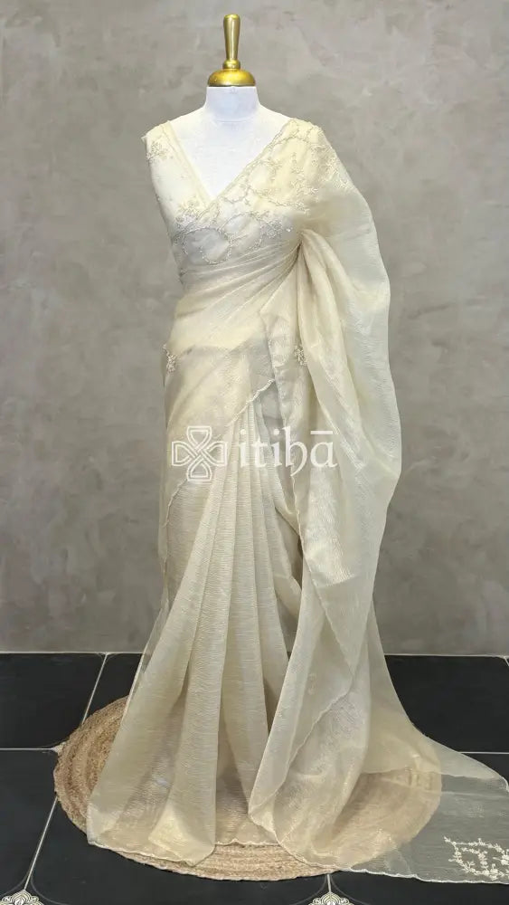 ORGANZA EMBROIDERY DESIGNER SAREE - LIGHT YELLOW