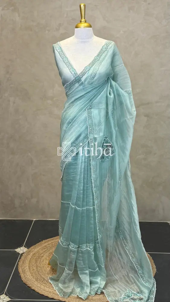 ORGANZA EMBROIDERY SAREE - AQUA BLUE