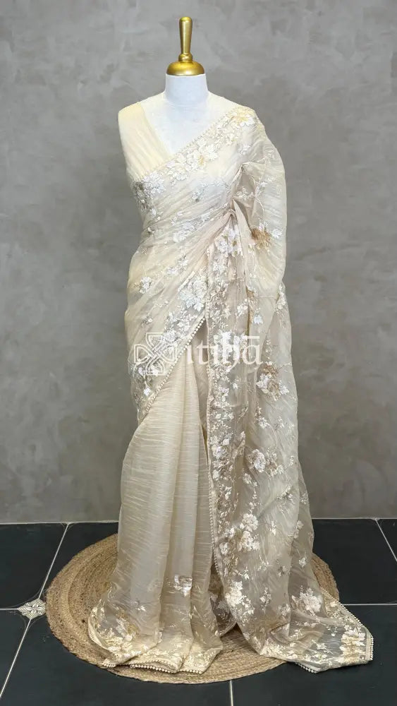 ORGANZA EMBROIDERY SAREE - Beige