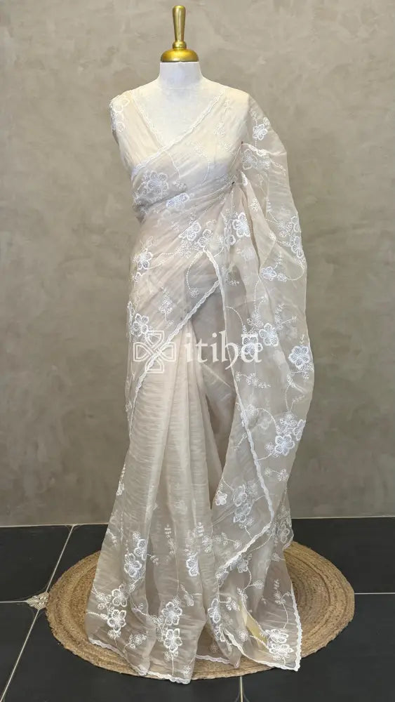 ORGANZA EMBROIDERY SAREE - Beige