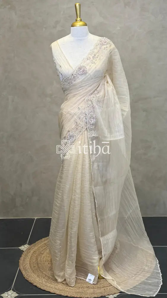 ORGANZA EMBROIDERY SAREE - LIGHT BEIGE