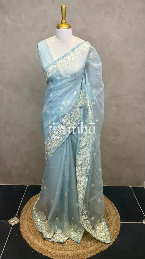 ORGANZA EMBROIDERY SAREE - LIGHT BLUE