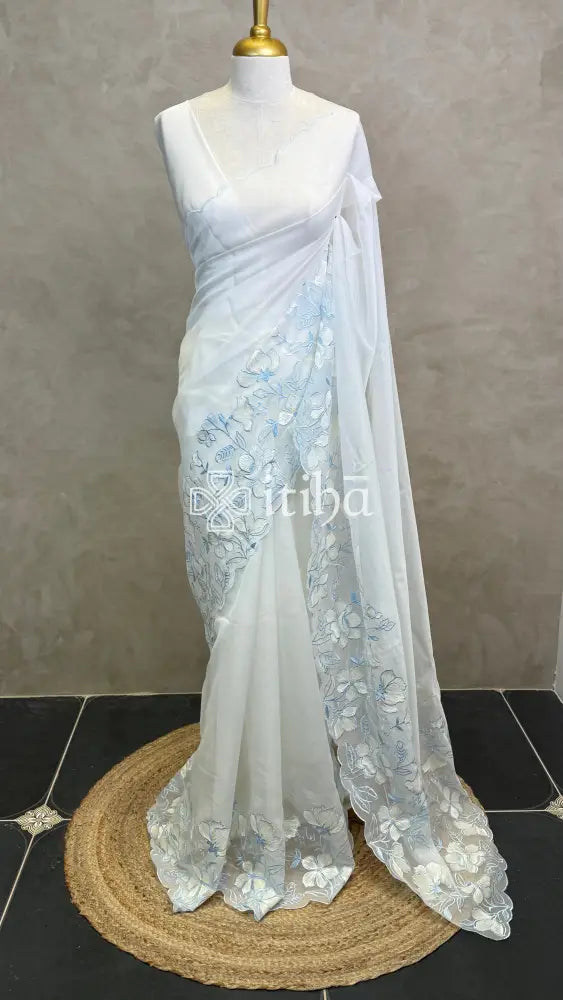 ORGANZA EMBROIDERY SAREE - LIGHT BLUE
