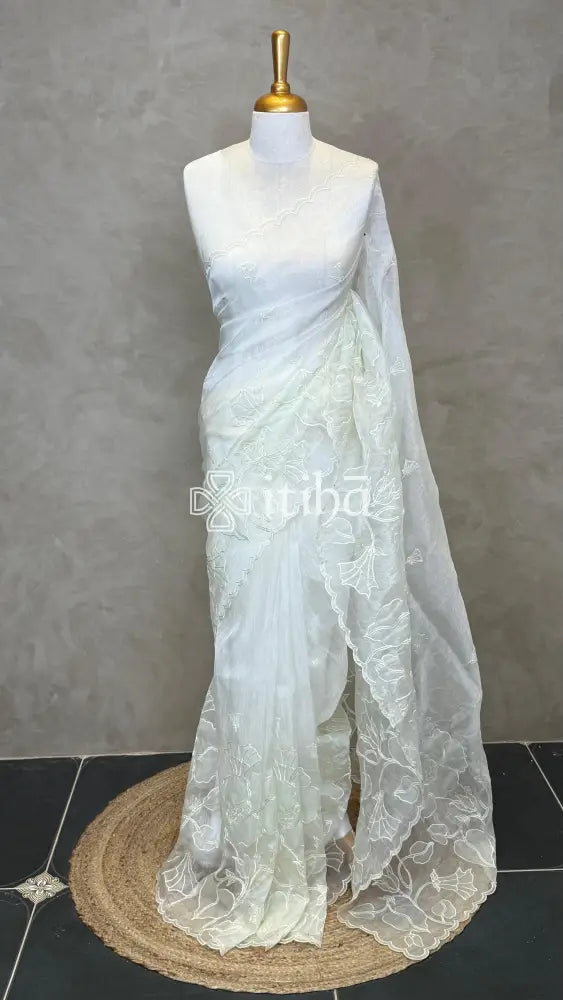 ORGANZA EMBROIDERY SAREE - LIGHT GREEN