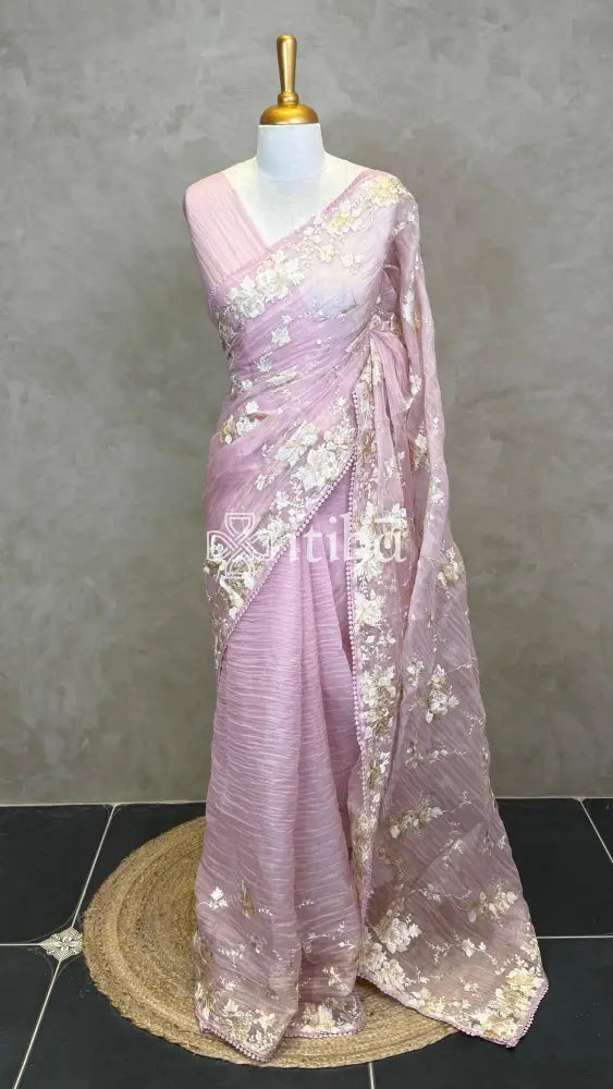 ORGANZA EMBROIDERY SAREE - LIGHT PINK