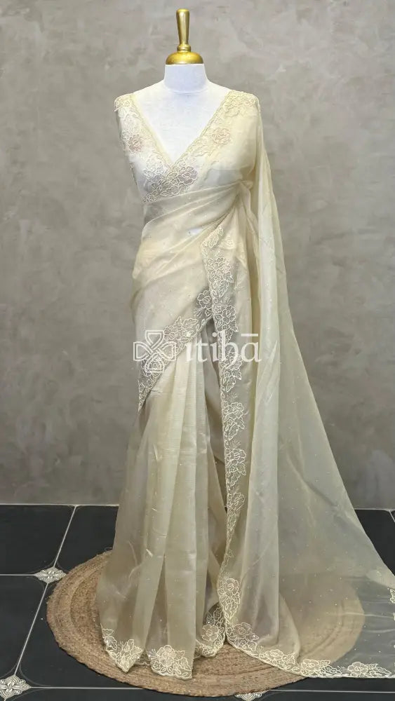 ORGANZA EMBROIDERY SAREE - LIGHT YELLOW