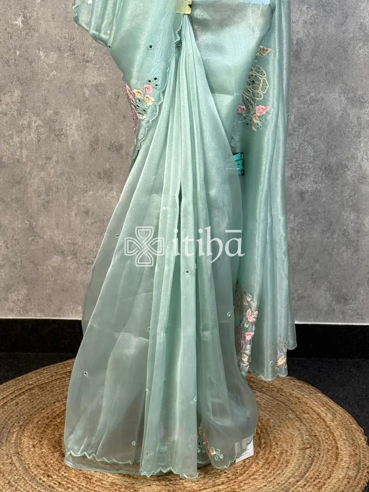 ORGANZA EMBROIDERY SAREE - MINT GREEN