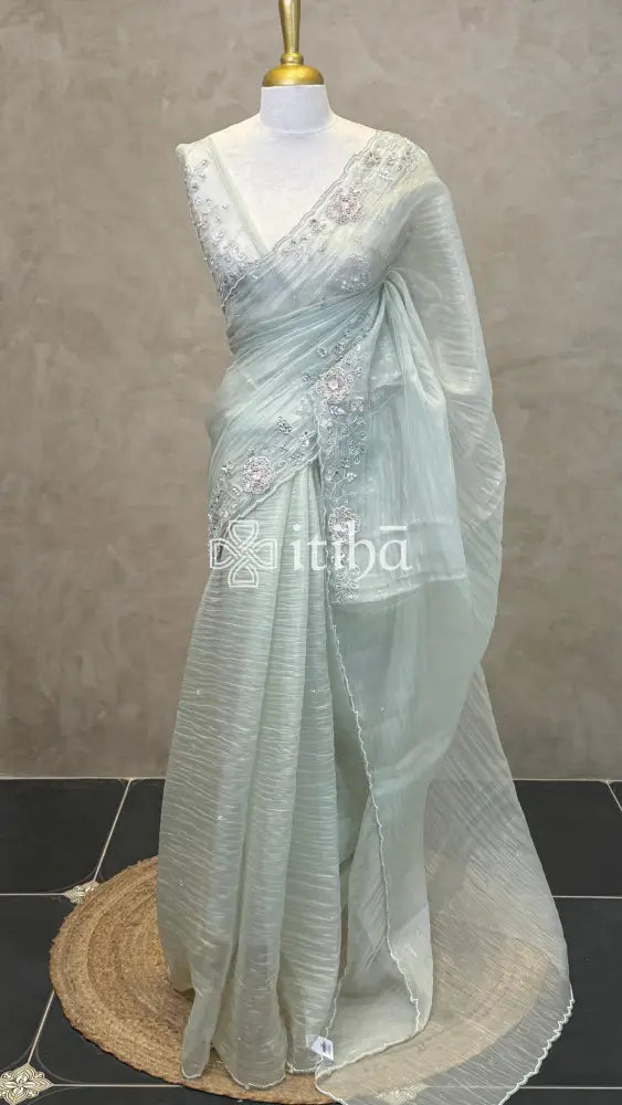 ORGANZA EMBROIDERY SAREE - PASTEL PISTA GREEN