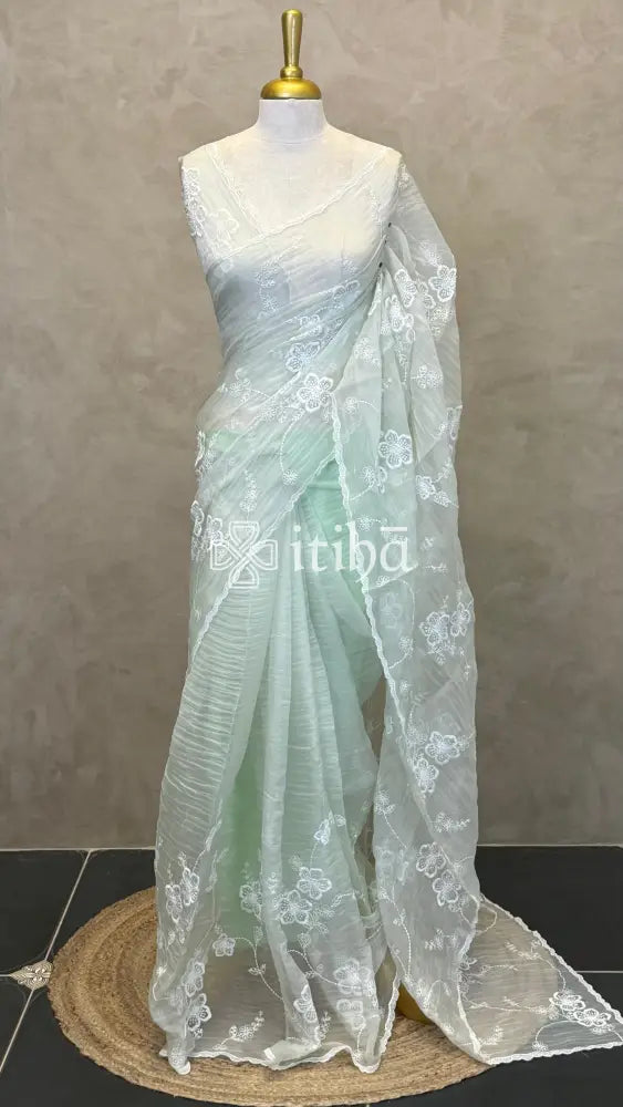 ORGANZA EMBROIDERY SAREE - PASTEL PISTA GREEN